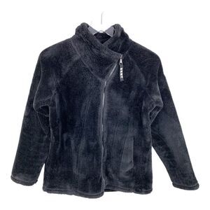DKNY Sport Black Faux Fur Asymmetrical Moto Bomber Jacket Bling Logo Large